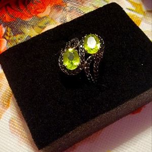 Green oval peridot and round black spinel Rhodium Over Sterling Silver Ring Sz8